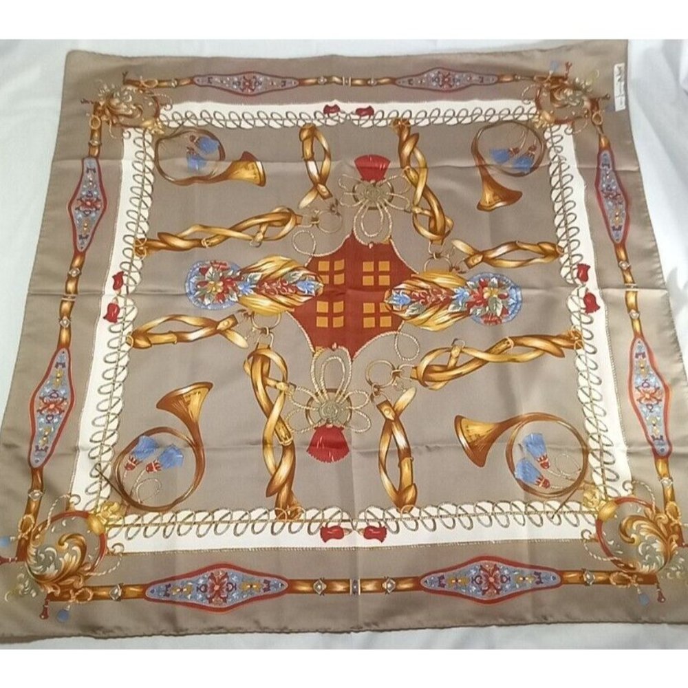 J. Mico Sancho Paris France Scarf Trumpet Theme Brown, Red, Blue Large